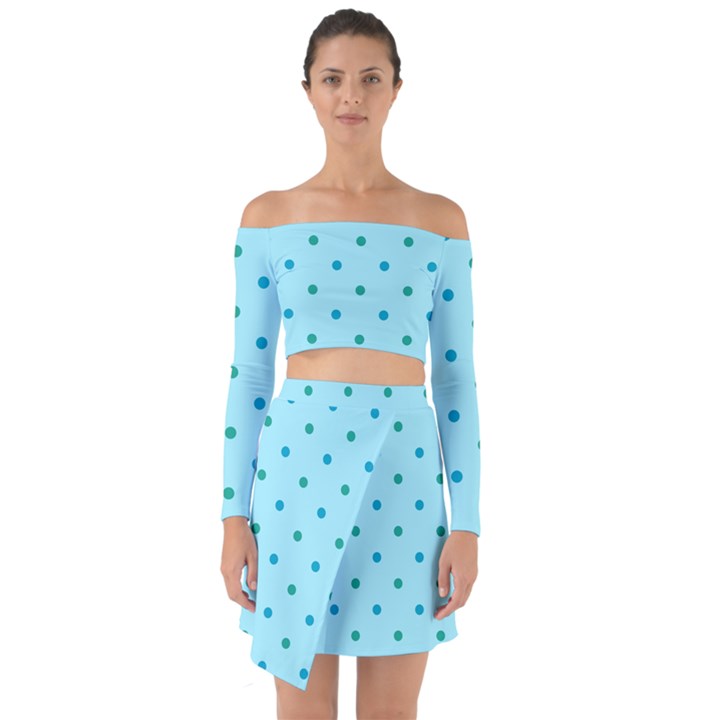 Blue Teal Green Polka Dots Off Shoulder Top with Skirt Set