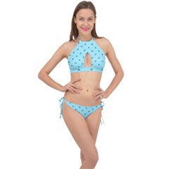 Blue Teal Green Polka Dots Cross Front Halter Bikini Set by SpinnyChairDesigns