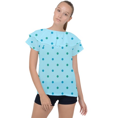 Blue Teal Green Polka Dots Ruffle Collar Chiffon Blouse by SpinnyChairDesigns