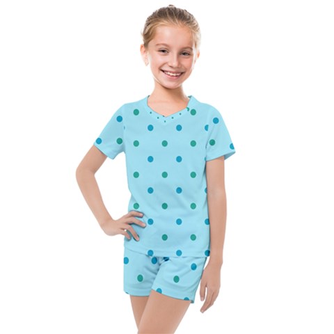 Blue Teal Green Polka Dots Kids  Mesh Tee And Shorts Set by SpinnyChairDesigns