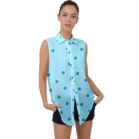 Blue Teal Green Polka Dots Sleeveless Chiffon Button Shirt by SpinnyChairDesigns