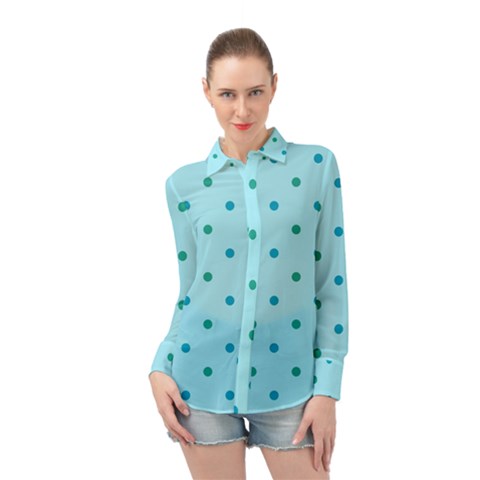 Blue Teal Green Polka Dots Long Sleeve Chiffon Shirt by SpinnyChairDesigns