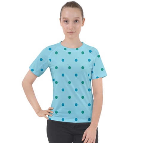 Blue Teal Green Polka Dots Women s Sport Raglan Tee by SpinnyChairDesigns