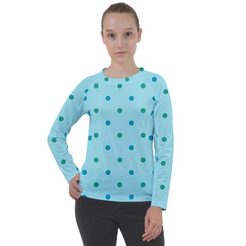 Blue Teal Green Polka Dots Women s Long Sleeve Raglan Tee by SpinnyChairDesigns