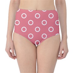 Coral Pink And White Circles Polka Dots Classic High-waist Bikini Bottoms by SpinnyChairDesigns