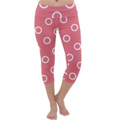 Coral Pink And White Circles Polka Dots Capri Yoga Leggings by SpinnyChairDesigns