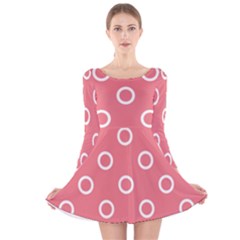 Coral Pink And White Circles Polka Dots Long Sleeve Velvet Skater Dress by SpinnyChairDesigns