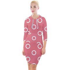 Coral Pink And White Circles Polka Dots Quarter Sleeve Hood Bodycon Dress by SpinnyChairDesigns