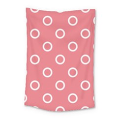 Coral Pink And White Circles Polka Dots Small Tapestry by SpinnyChairDesigns