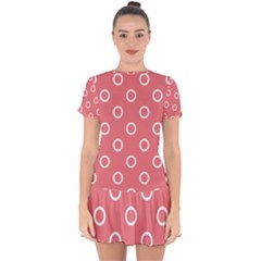 Coral Pink And White Circles Polka Dots Drop Hem Mini Chiffon Dress by SpinnyChairDesigns