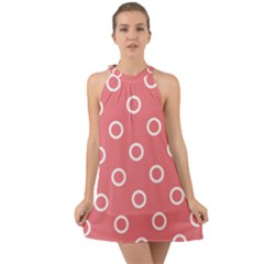 Coral Pink And White Circles Polka Dots Halter Tie Back Chiffon Dress by SpinnyChairDesigns