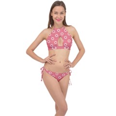 Coral Pink And White Circles Polka Dots Cross Front Halter Bikini Set by SpinnyChairDesigns