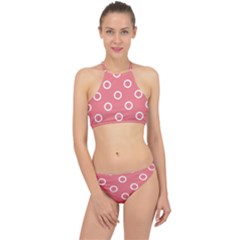 Coral Pink And White Circles Polka Dots Racer Front Bikini Set by SpinnyChairDesigns