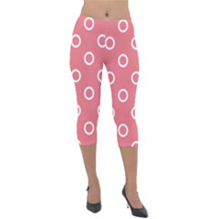 Coral Pink And White Circles Polka Dots Lightweight Velour Capri Leggings  by SpinnyChairDesigns