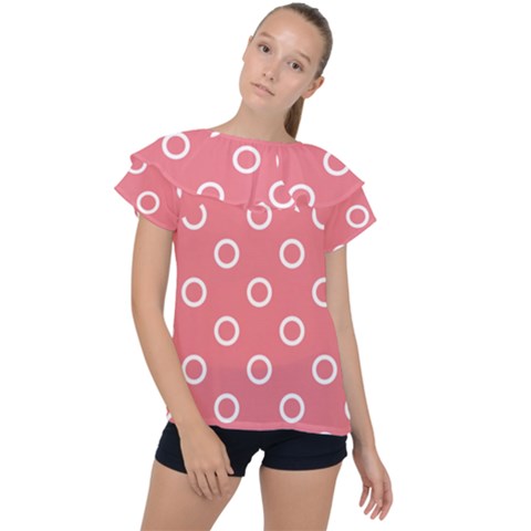 Coral Pink And White Circles Polka Dots Ruffle Collar Chiffon Blouse by SpinnyChairDesigns