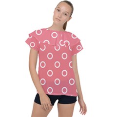 Coral Pink And White Circles Polka Dots Ruffle Collar Chiffon Blouse