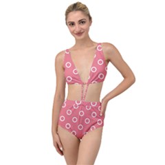 Coral Pink And White Circles Polka Dots Tied Up Two Piece Swimsuit by SpinnyChairDesigns