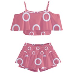 Coral Pink And White Circles Polka Dots Kids  Off Shoulder Skirt Bikini by SpinnyChairDesigns