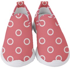 Coral Pink And White Circles Polka Dots Kids  Slip On Sneakers by SpinnyChairDesigns