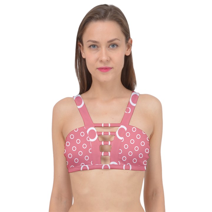 Coral Pink and White Circles Polka Dots Cage Up Bikini Top