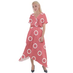 Coral Pink And White Circles Polka Dots Cross Front Sharkbite Hem Maxi Dress by SpinnyChairDesigns