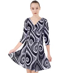 Abstract Black And White Swirls Spirals Quarter Sleeve Front Wrap Dress by SpinnyChairDesigns