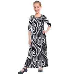 Abstract Black And White Swirls Spirals Kids  Quarter Sleeve Maxi Dress by SpinnyChairDesigns