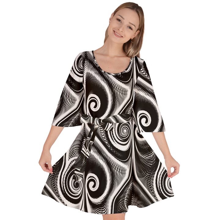 Abstract Black and White Swirls Spirals Velour Kimono Dress