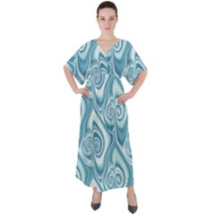 Abstract Blue White Spirals Swirls V-neck Boho Style Maxi Dress by SpinnyChairDesigns