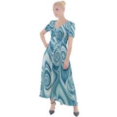 Abstract Blue White Spirals Swirls Button Up Short Sleeve Maxi Dress by SpinnyChairDesigns