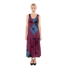 Burgundy Black Blue Abstract Check Pattern Sleeveless Maxi Dress by SpinnyChairDesigns