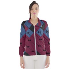 Burgundy Black Blue Abstract Check Pattern Women s Windbreaker by SpinnyChairDesigns