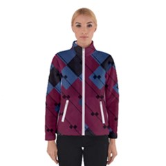 Burgundy Black Blue Abstract Check Pattern Winter Jacket by SpinnyChairDesigns