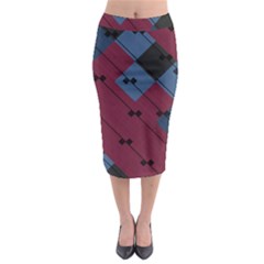 Burgundy Black Blue Abstract Check Pattern Midi Pencil Skirt by SpinnyChairDesigns