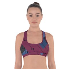 Burgundy Black Blue Abstract Check Pattern Cross Back Sports Bra by SpinnyChairDesigns