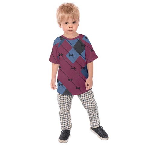 Burgundy Black Blue Abstract Check Pattern Kids  Raglan Tee by SpinnyChairDesigns