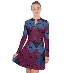 Burgundy Black Blue Abstract Check Pattern Long Sleeve Panel Dress by SpinnyChairDesigns