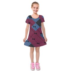 Burgundy Black Blue Abstract Check Pattern Kids  Short Sleeve Velvet Dress by SpinnyChairDesigns