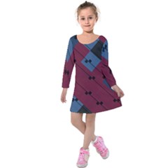 Burgundy Black Blue Abstract Check Pattern Kids  Long Sleeve Velvet Dress by SpinnyChairDesigns