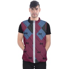 Burgundy Black Blue Abstract Check Pattern Men s Puffer Vest by SpinnyChairDesigns