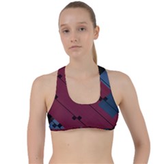 Burgundy Black Blue Abstract Check Pattern Criss Cross Racerback Sports Bra by SpinnyChairDesigns