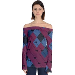 Burgundy Black Blue Abstract Check Pattern Off Shoulder Long Sleeve Top by SpinnyChairDesigns