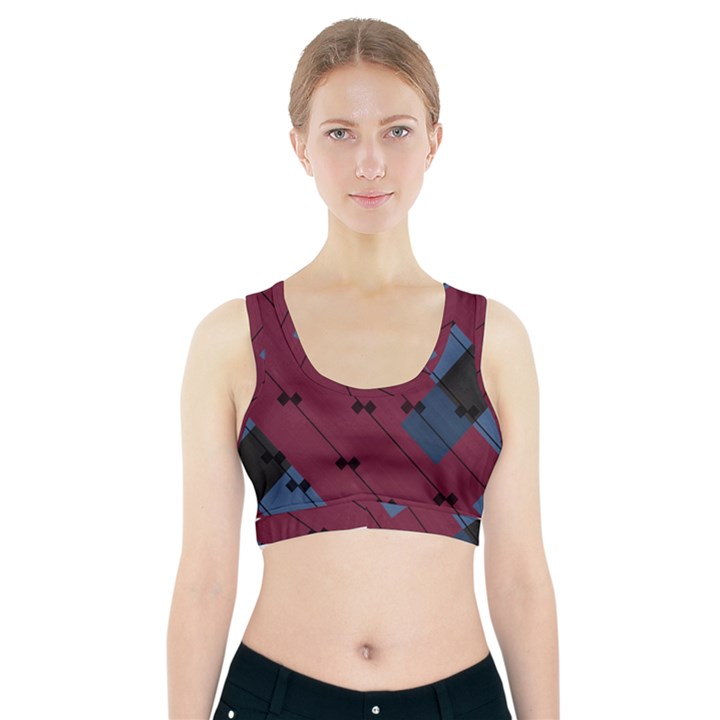 Burgundy Black Blue Abstract Check Pattern Sports Bra With Pocket