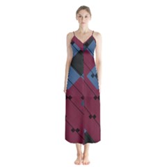 Burgundy Black Blue Abstract Check Pattern Button Up Chiffon Maxi Dress by SpinnyChairDesigns