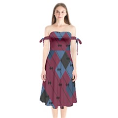 Burgundy Black Blue Abstract Check Pattern Shoulder Tie Bardot Midi Dress by SpinnyChairDesigns