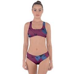 Burgundy Black Blue Abstract Check Pattern Criss Cross Bikini Set by SpinnyChairDesigns