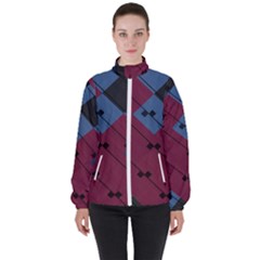 Burgundy Black Blue Abstract Check Pattern Women s High Neck Windbreaker by SpinnyChairDesigns