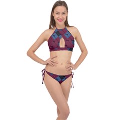 Burgundy Black Blue Abstract Check Pattern Cross Front Halter Bikini Set by SpinnyChairDesigns