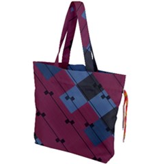 Burgundy Black Blue Abstract Check Pattern Drawstring Tote Bag by SpinnyChairDesigns