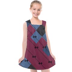 Burgundy Black Blue Abstract Check Pattern Kids  Cross Back Dress by SpinnyChairDesigns